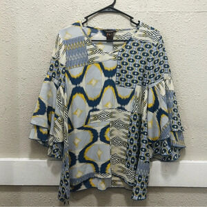 Multiples Blue and Yellow Multi Print Flutter Layered 3/4 Sleeve Blouse Small